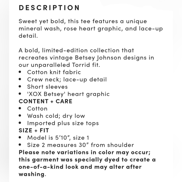 TORRID BETSEY JOHNSON Heart Lace-Up Black Mineral Wash Tee! NWT! - Picture 4 of 7